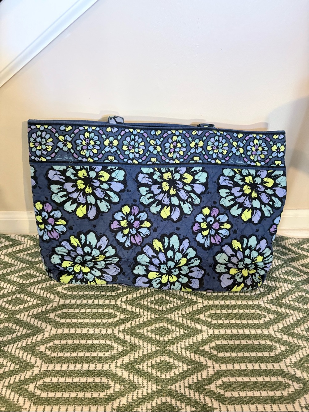 Vera Bradley Blue Floral Quilted Tote with Yellow & Lilac Accents